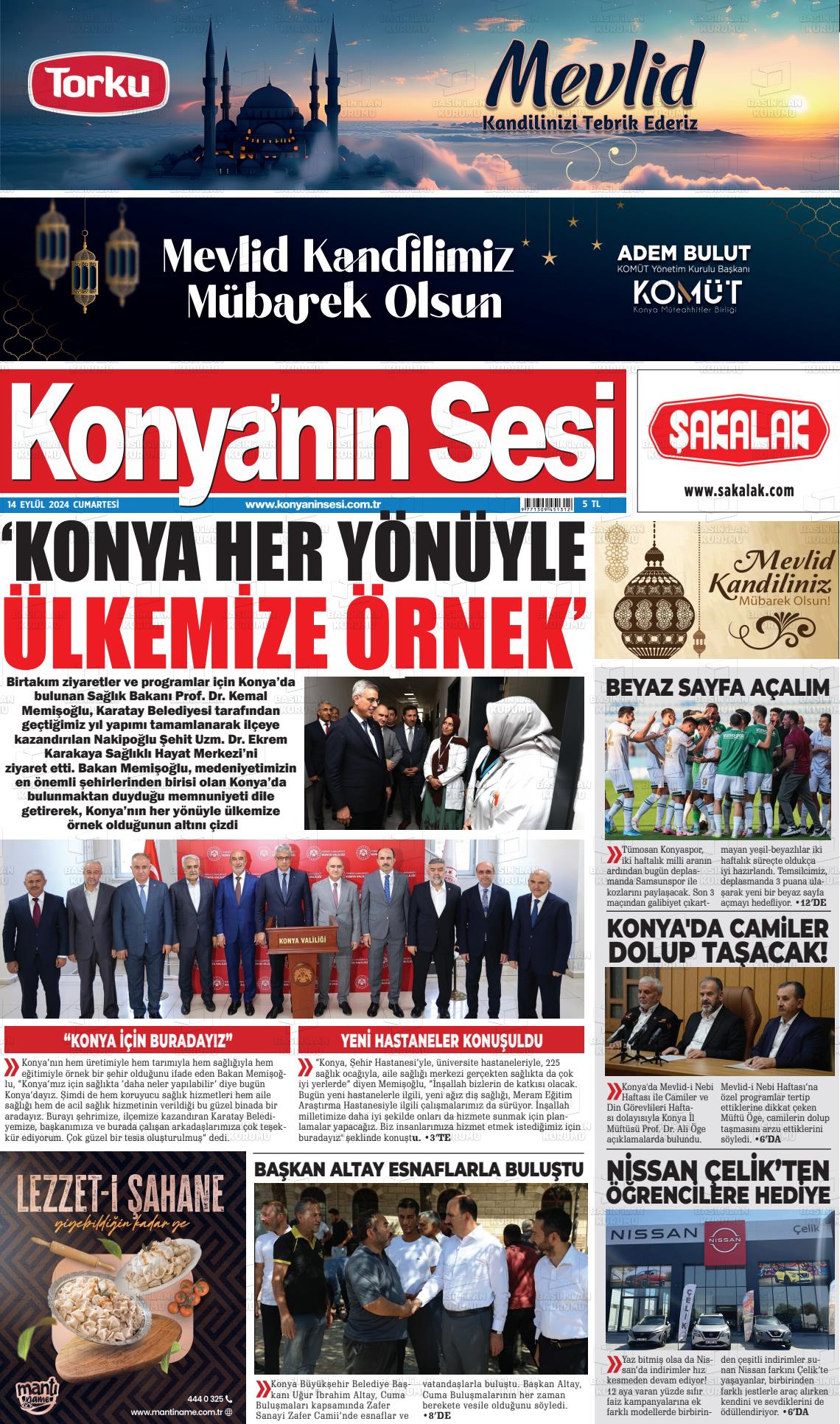 14 Eylül 2024 Konyanin Sesi Gazete Manşeti