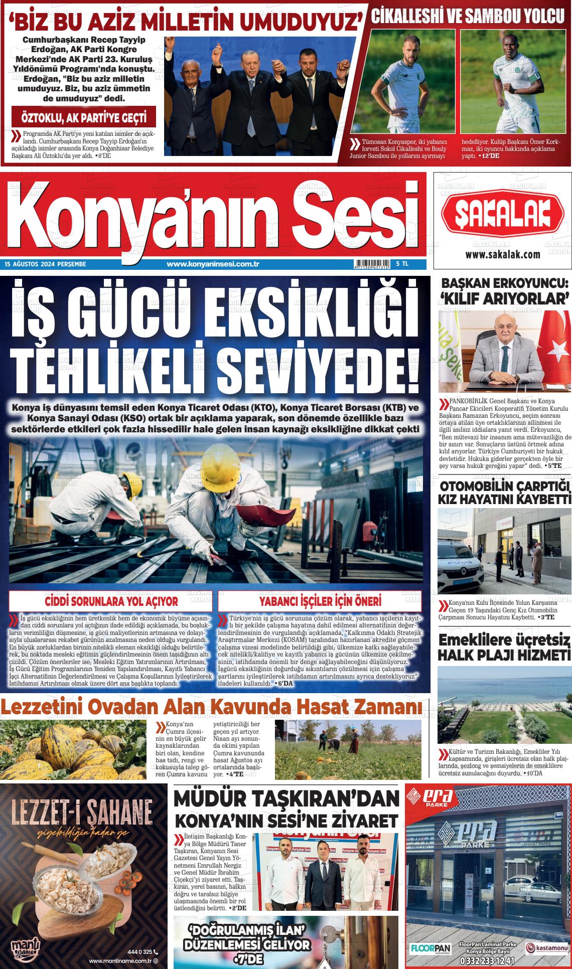 15 Ağustos 2024 Konyanin Sesi Gazete Manşeti