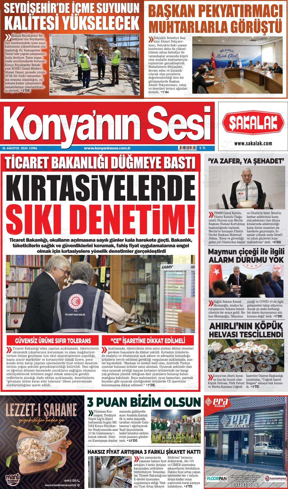 16 Ağustos 2024 Konyanin Sesi Gazete Manşeti