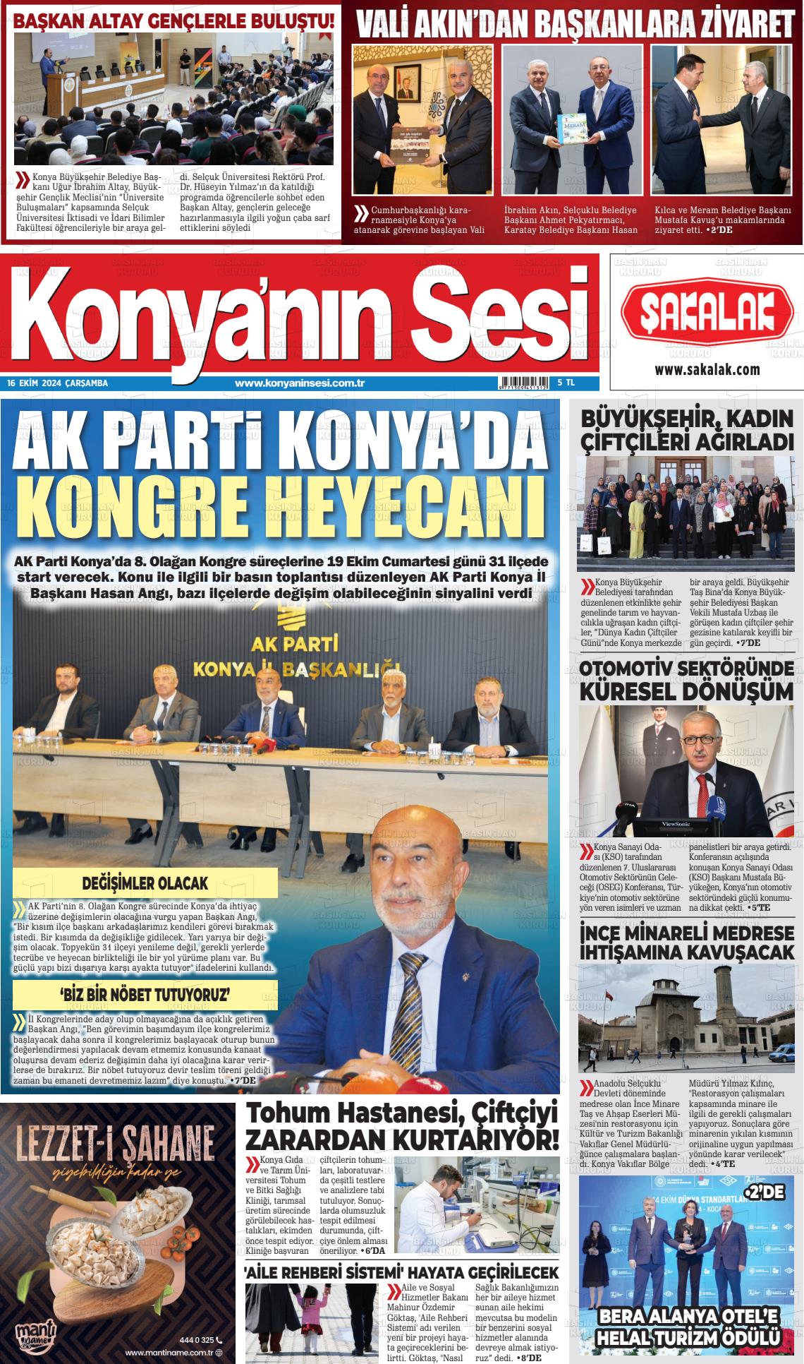 16 Ekim 2024 Konyanin Sesi Gazete Manşeti