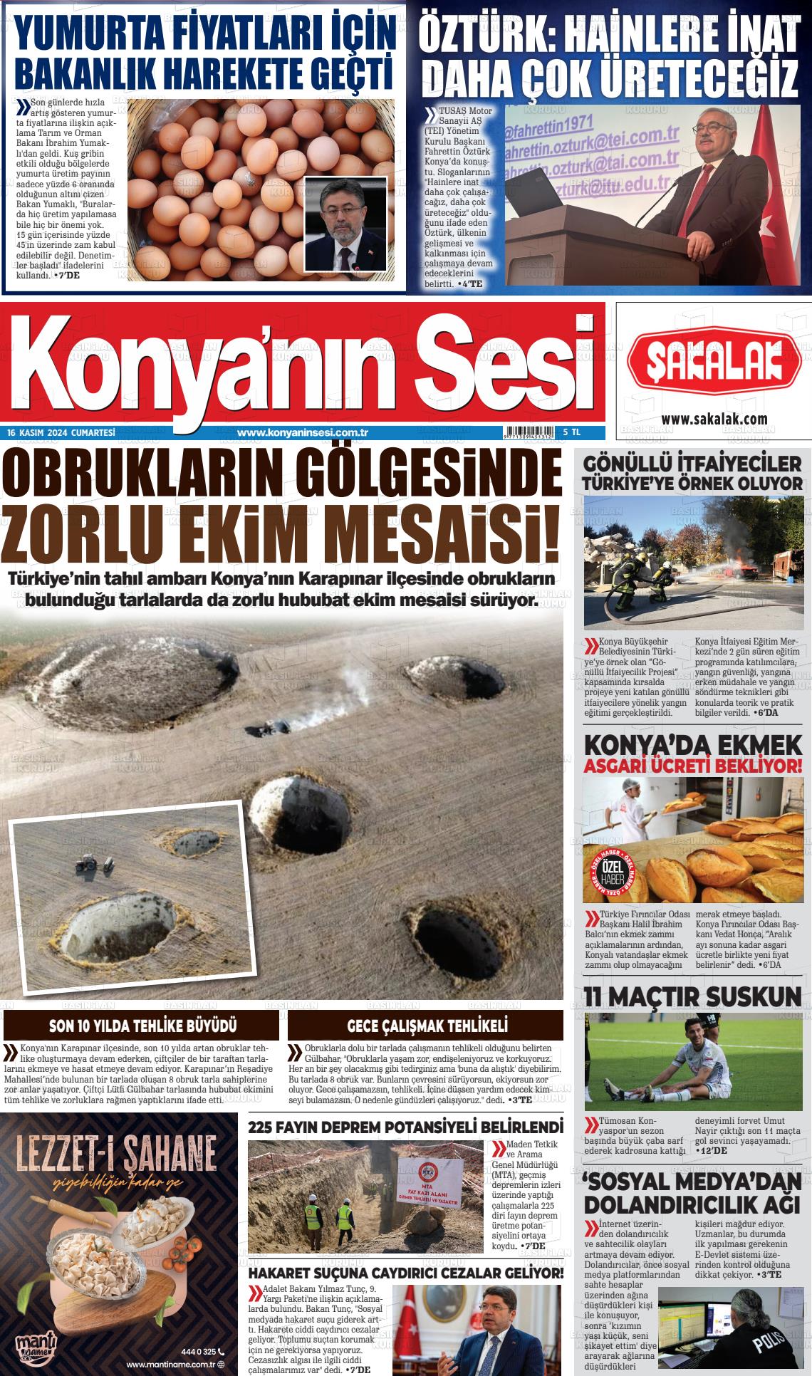 16 Kasım 2024 Konyanin Sesi Gazete Manşeti