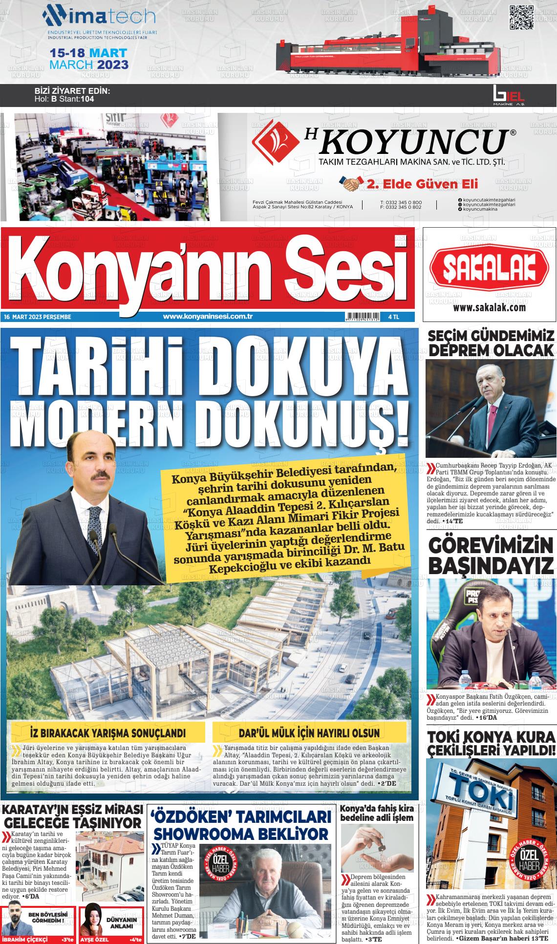 16 Mart 2023 Konyanin Sesi Gazete Manşeti