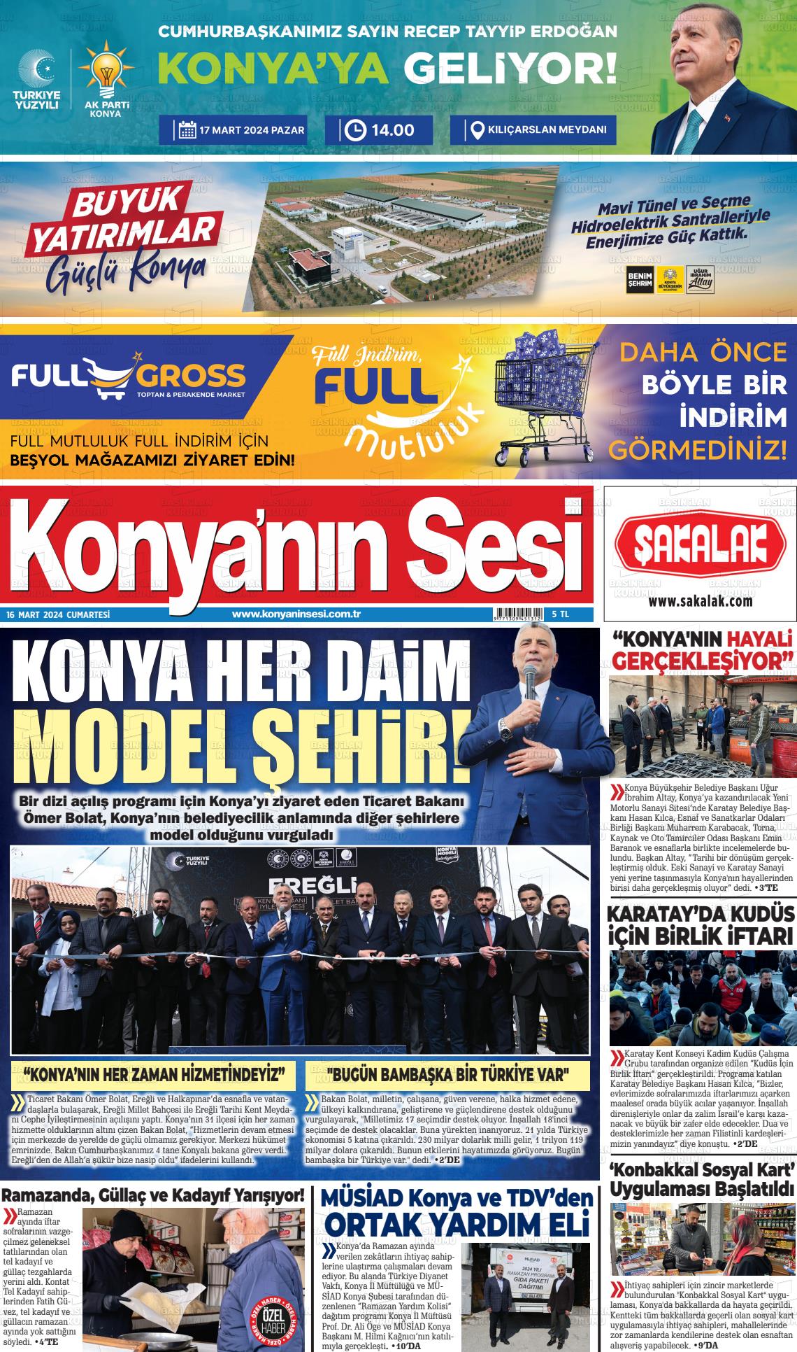 16 Mart 2024 Konyanin Sesi Gazete Manşeti