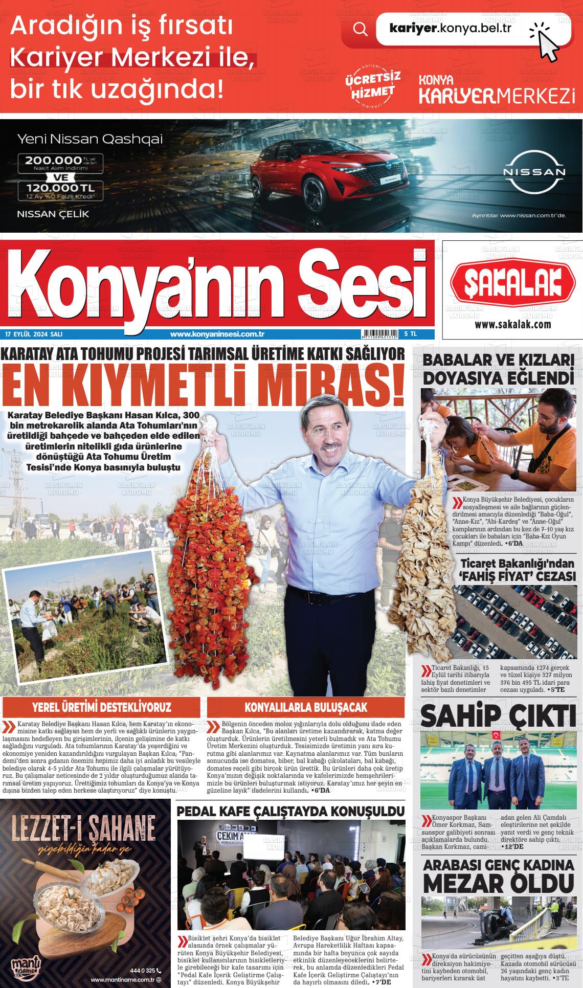 17 Eylül 2024 Konyanin Sesi Gazete Manşeti