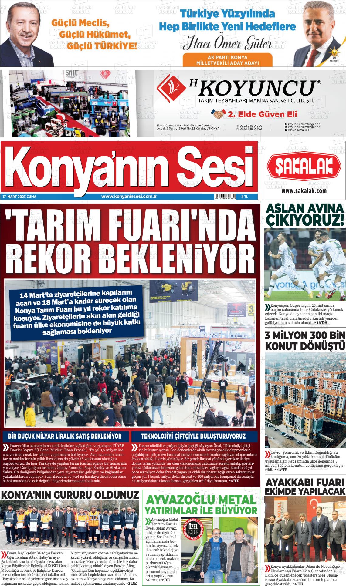 15 Mayıs 2023 Konyanin Sesi Gazete Manşeti