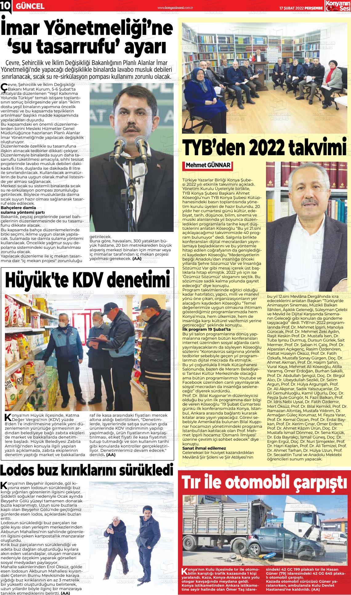 17 Şubat 2022 Konyanin Sesi Gazete Manşeti