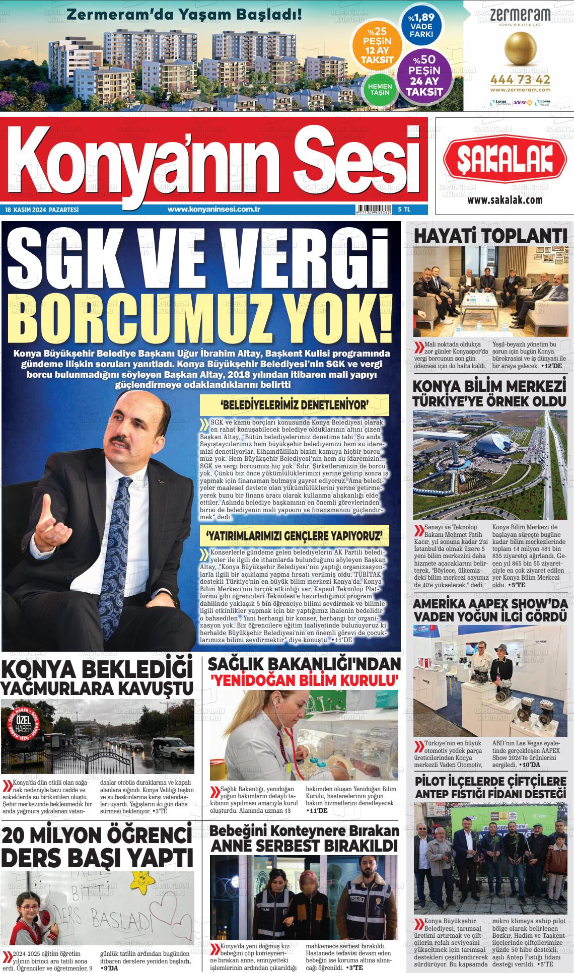 18 Kasım 2024 Konyanin Sesi Gazete Manşeti