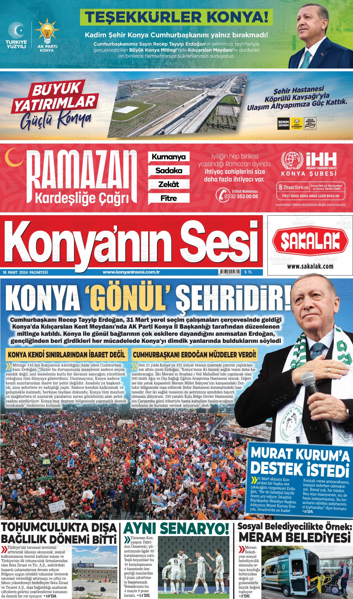 18 Mart 2024 Konyanin Sesi Gazete Manşeti