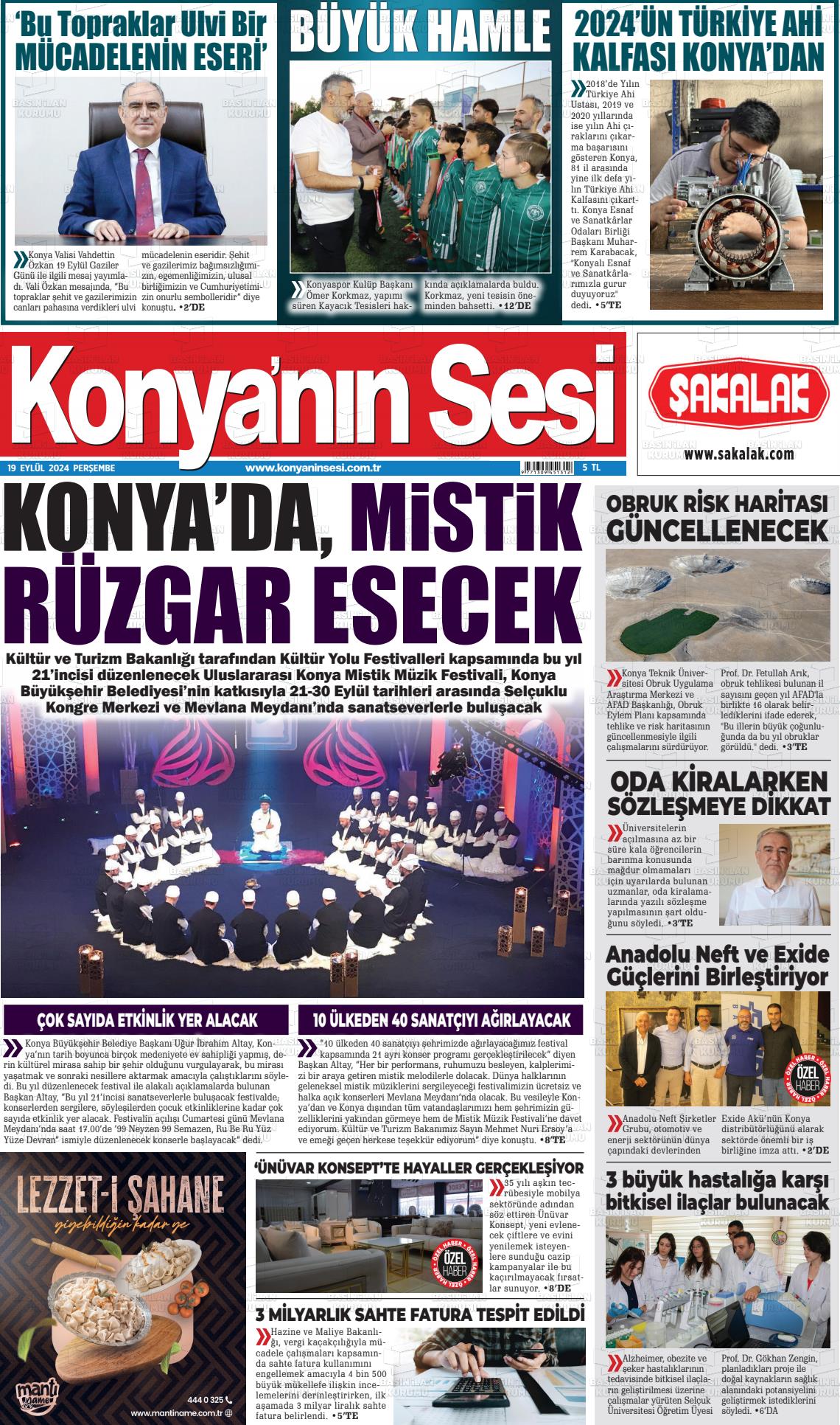 19 Eylül 2024 Konyanin Sesi Gazete Manşeti