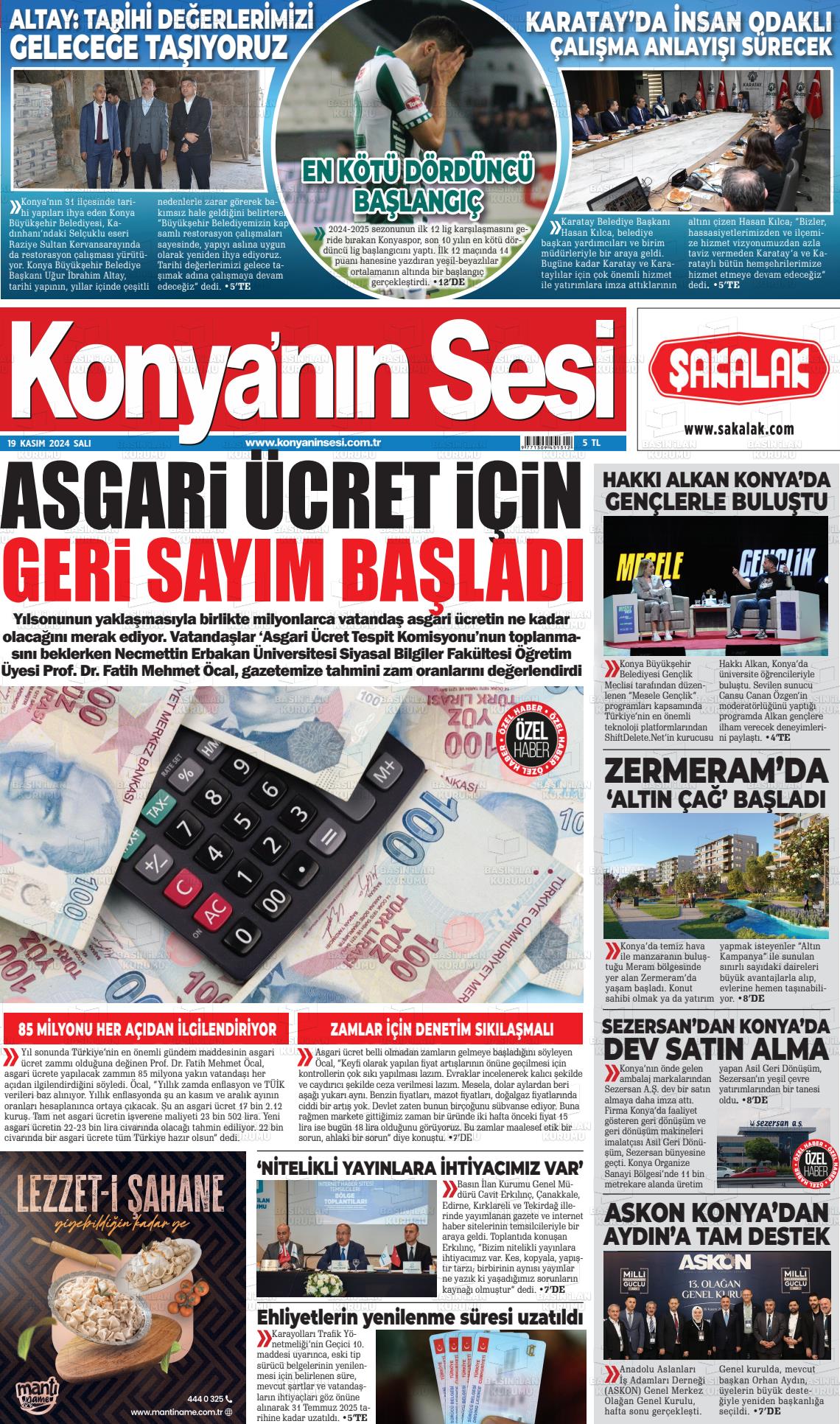 19 Kasım 2024 Konyanin Sesi Gazete Manşeti