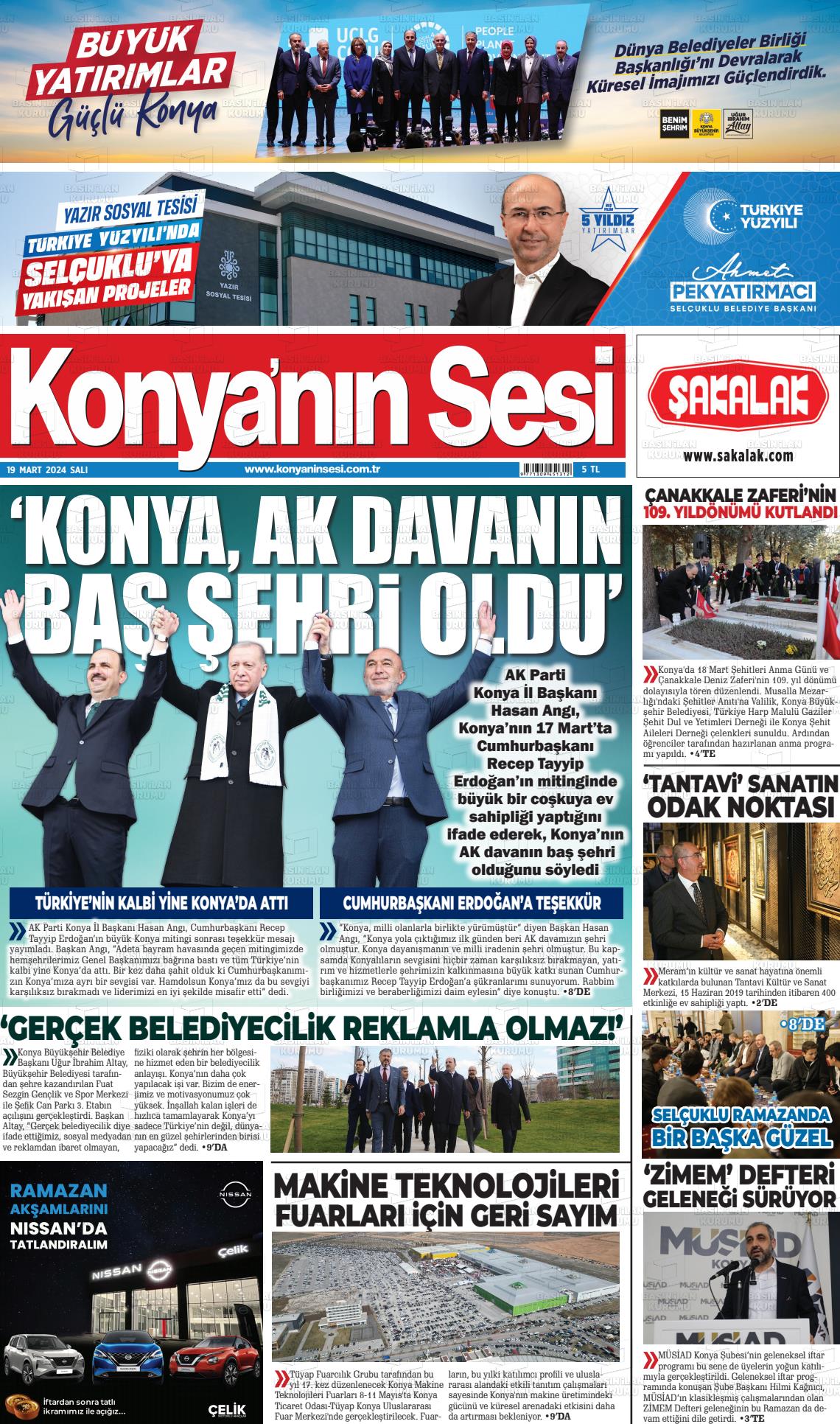 19 Mart 2024 Konyanin Sesi Gazete Manşeti