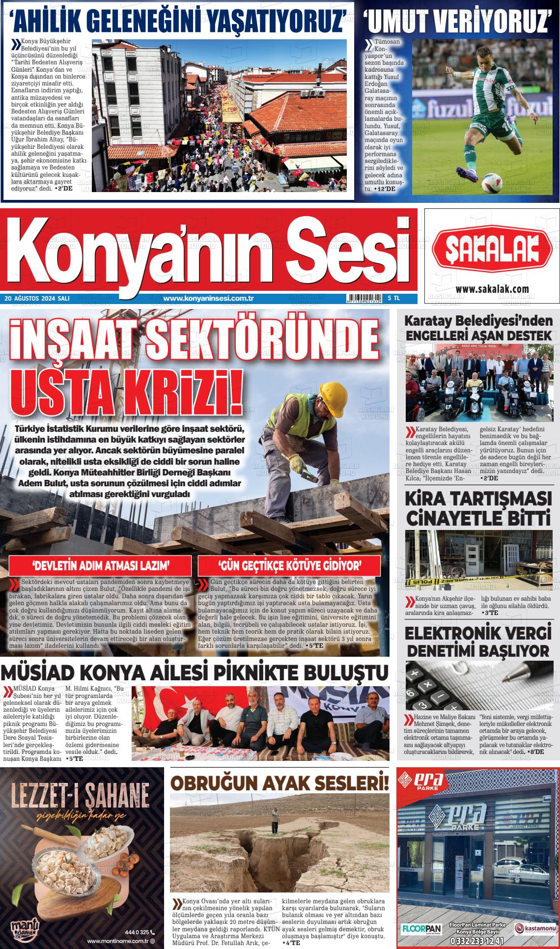 20 Ağustos 2024 Konyanin Sesi Gazete Manşeti