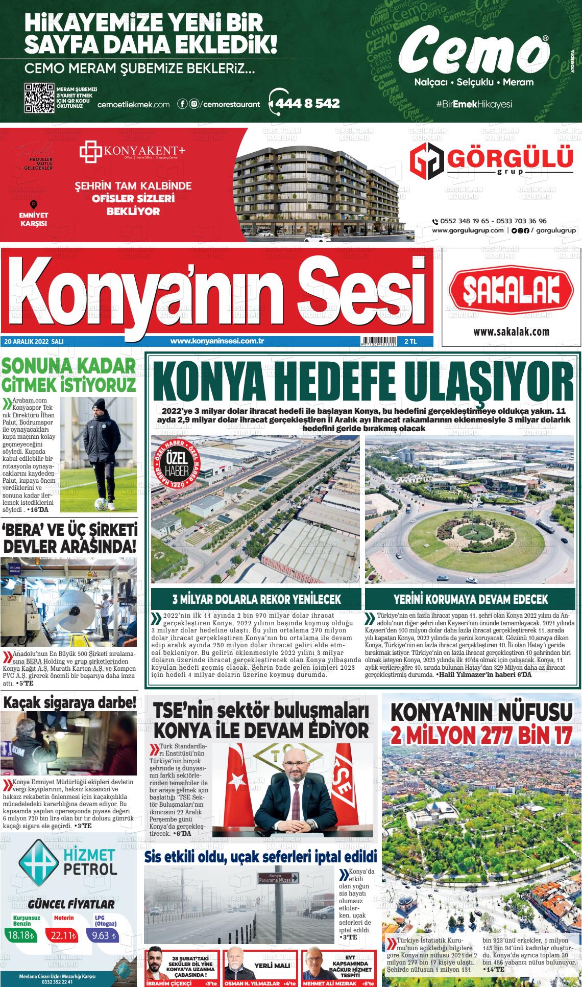 20 Aralık 2022 Konyanin Sesi Gazete Manşeti