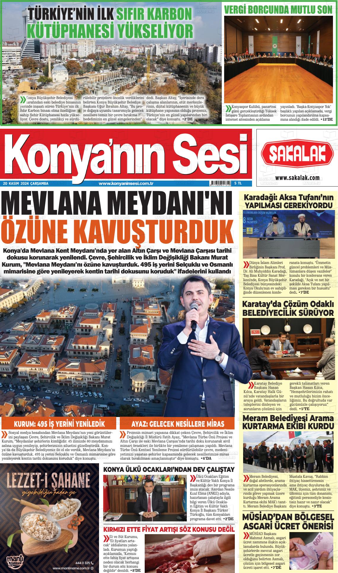 20 Kasım 2024 Konyanin Sesi Gazete Manşeti