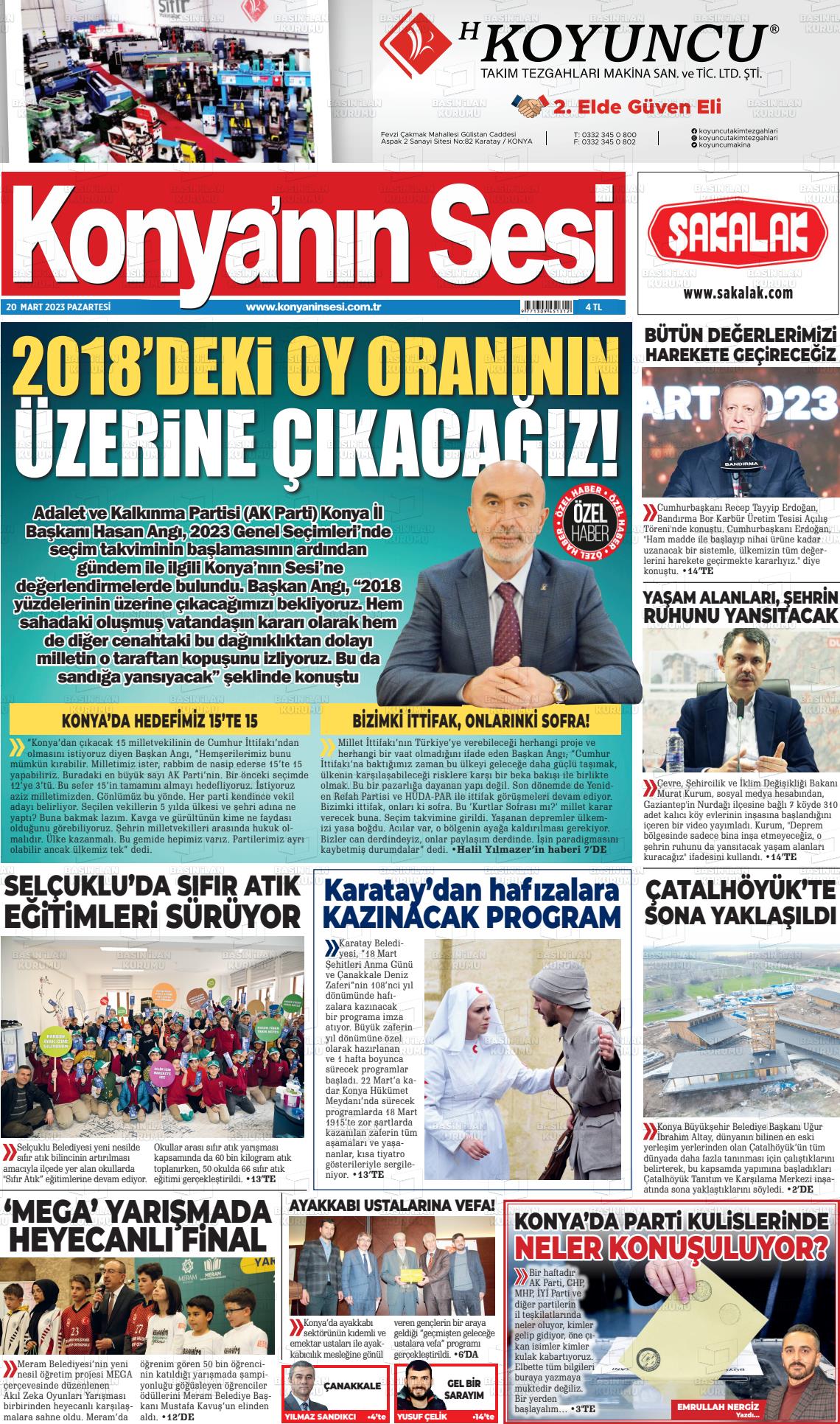 20 Mart 2023 Konyanin Sesi Gazete Manşeti