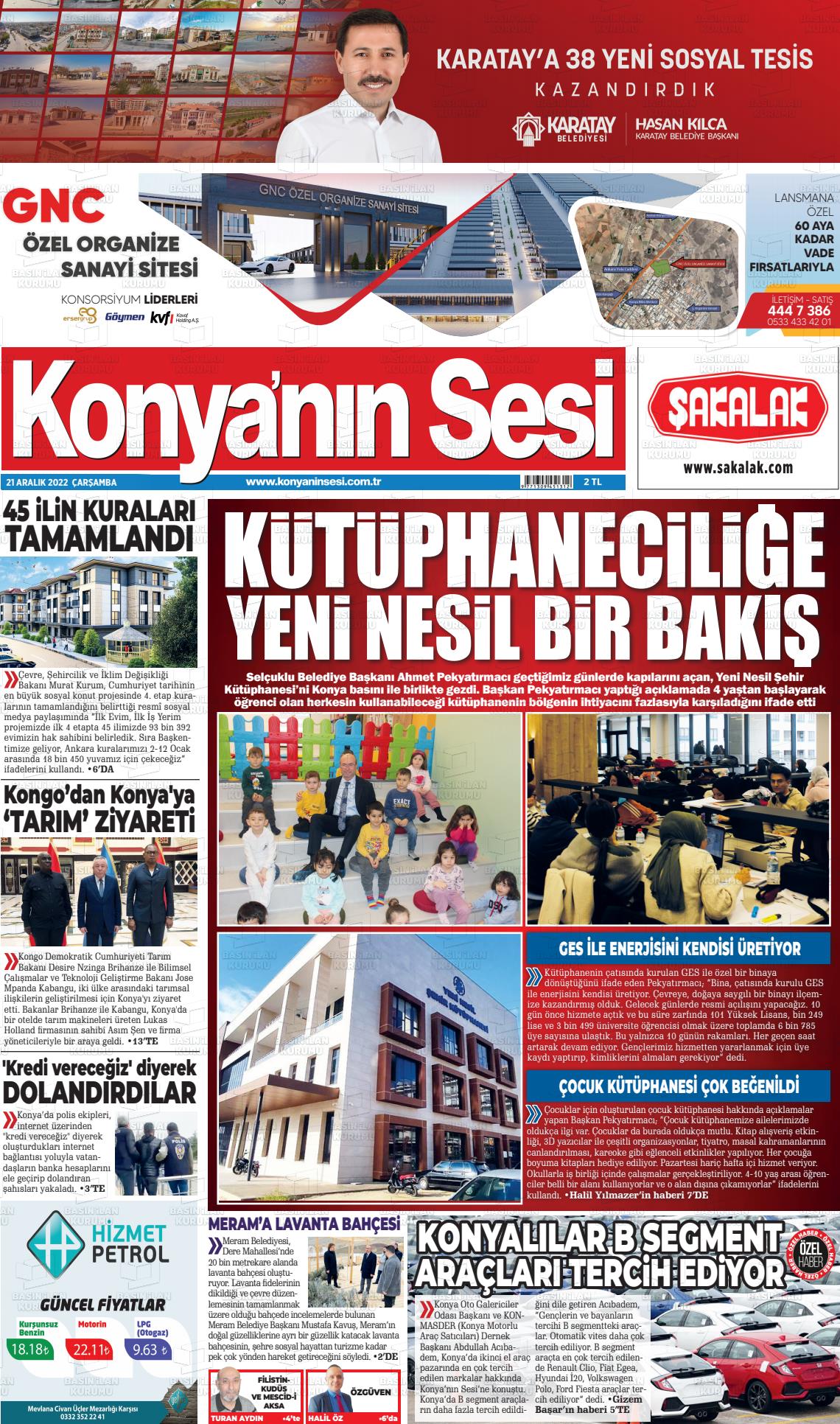 21 Aralık 2022 Konyanin Sesi Gazete Manşeti