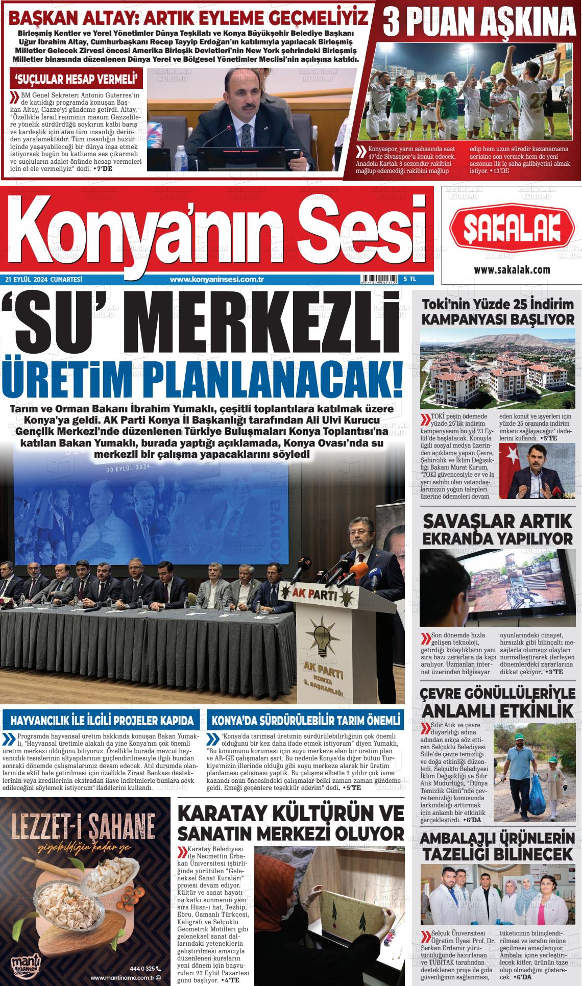 21 Eylül 2024 Konyanin Sesi Gazete Manşeti