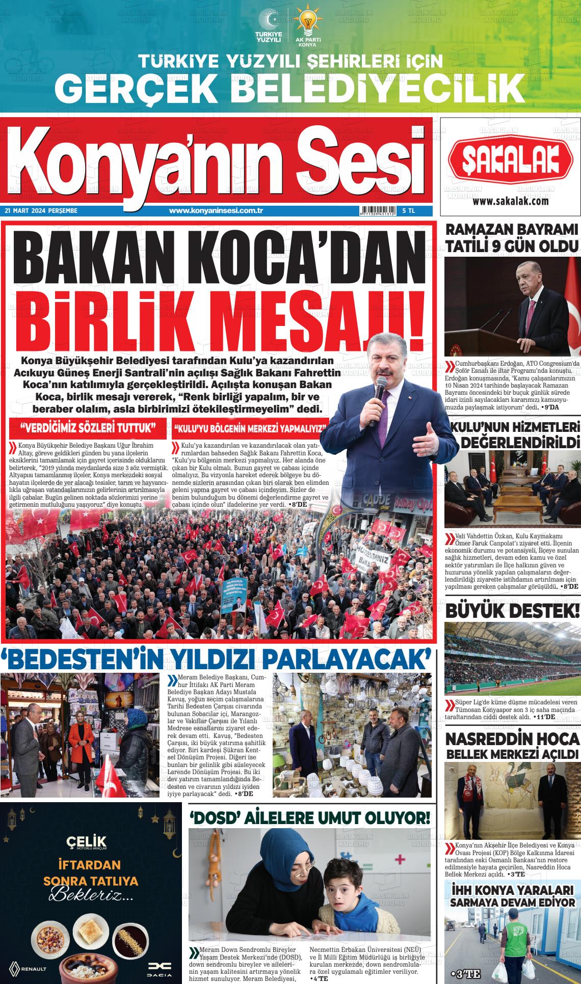 21 Mart 2024 Konyanin Sesi Gazete Manşeti