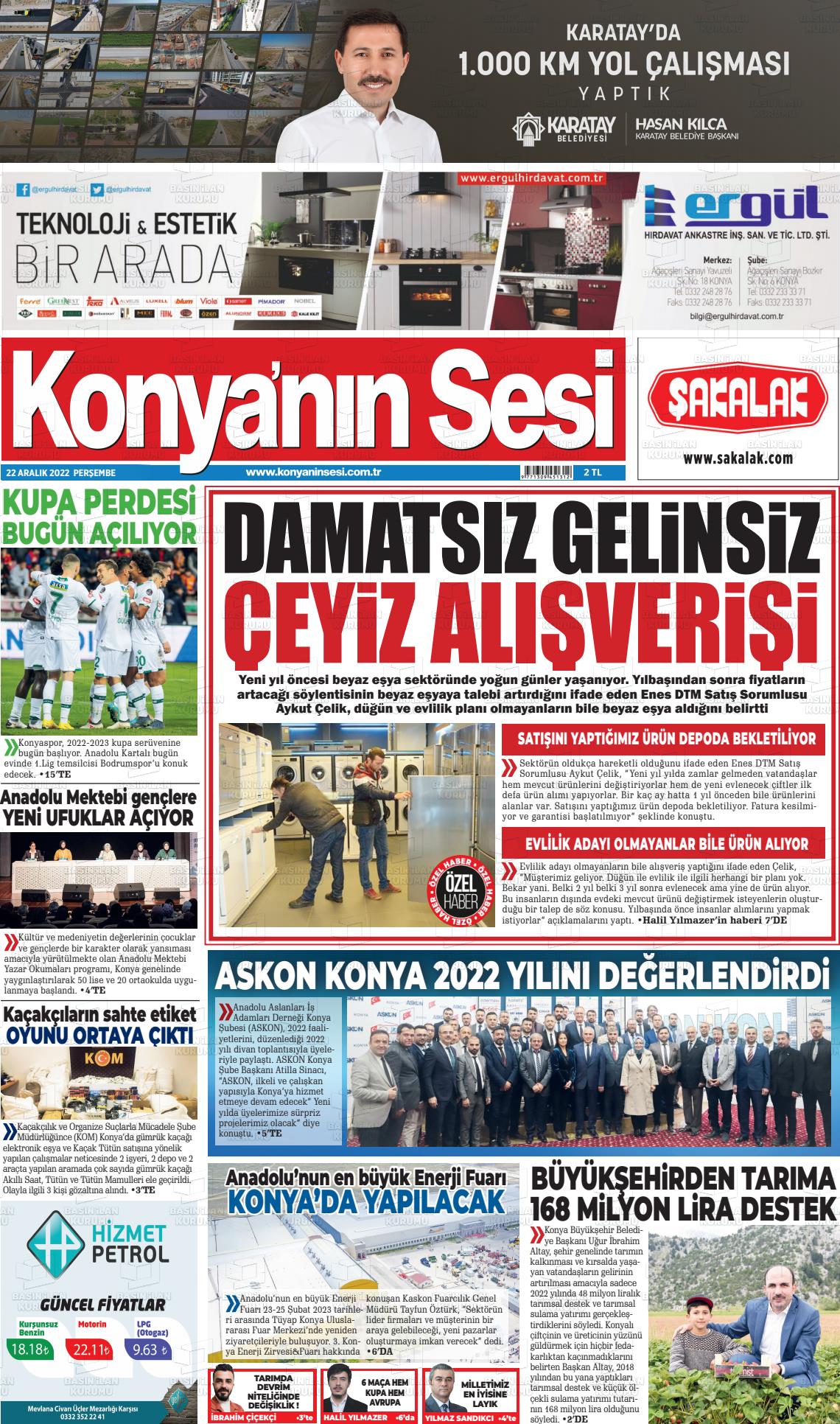 22 Aralık 2022 Konyanin Sesi Gazete Manşeti