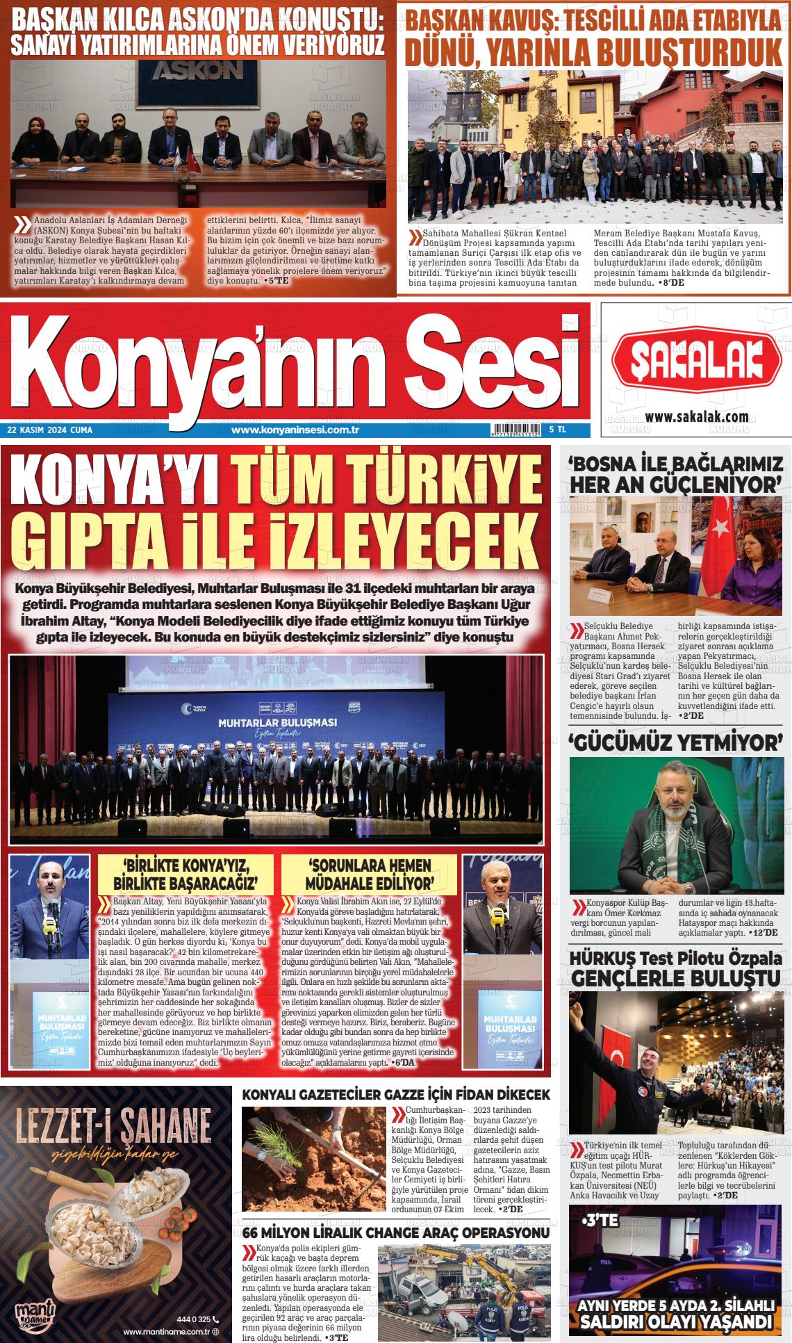 22 Kasım 2024 Konyanin Sesi Gazete Manşeti