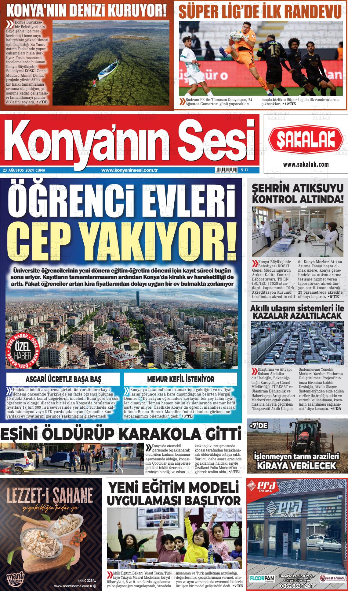 23 Ağustos 2024 Konyanin Sesi Gazete Manşeti