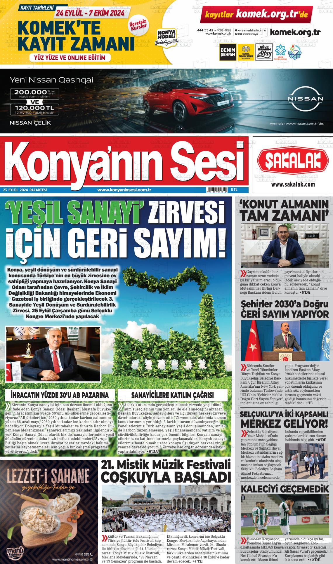 23 Eylül 2024 Konyanin Sesi Gazete Manşeti