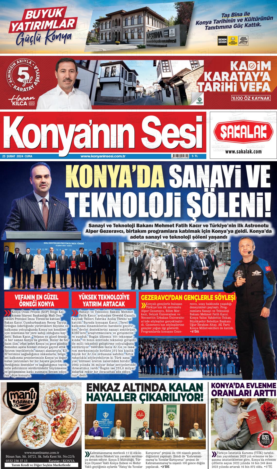 23 Şubat 2024 Konyanin Sesi Gazete Manşeti