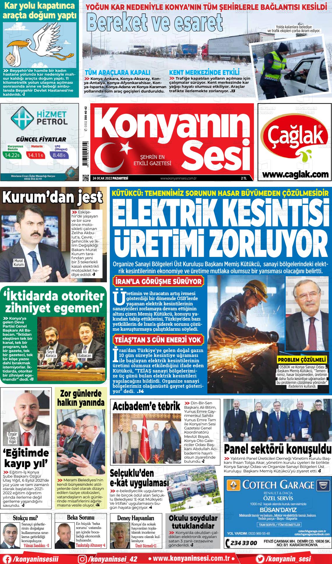 24 Ocak 2022 Konyanin Sesi Gazete Manşeti
