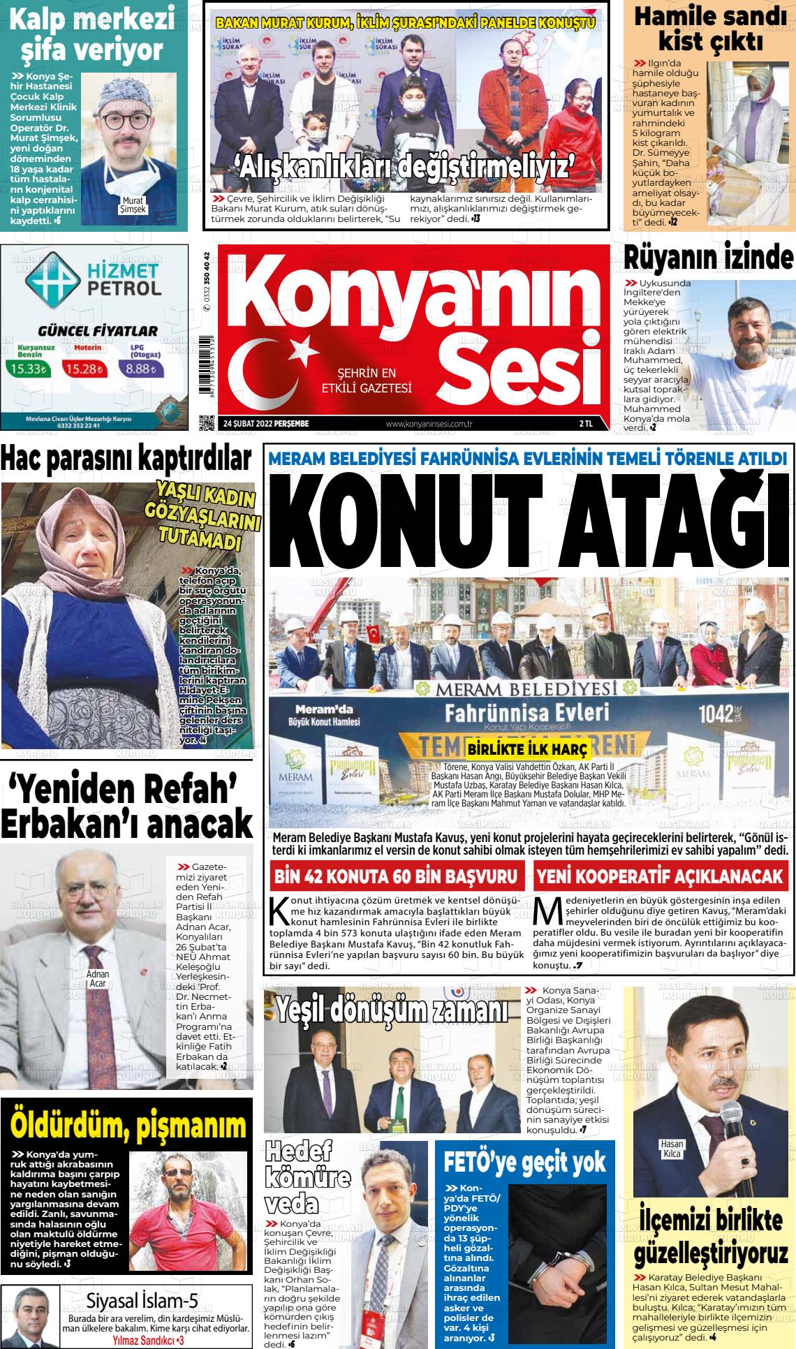 24 Şubat 2022 Konyanin Sesi Gazete Manşeti