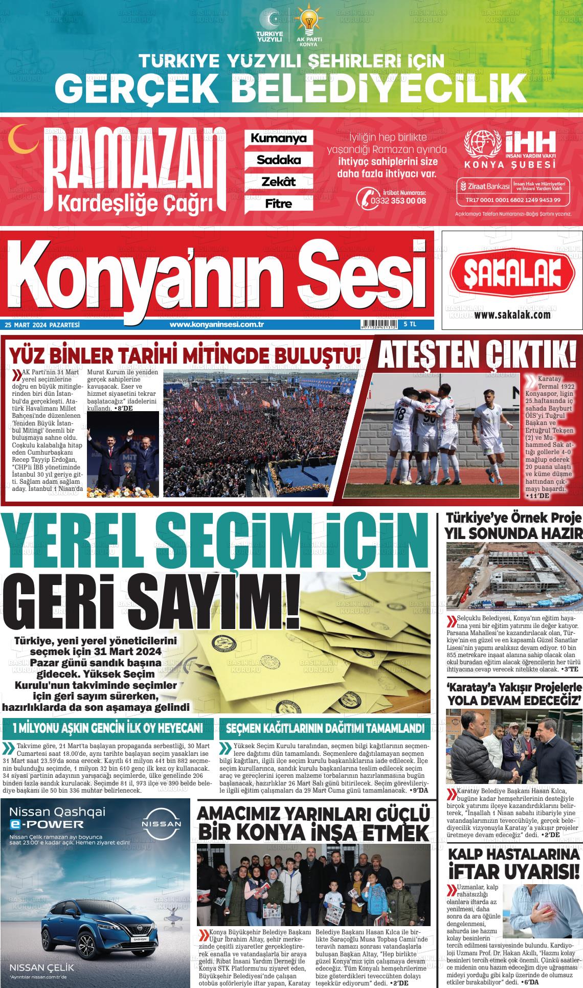 25 Mart 2024 Konyanin Sesi Gazete Manşeti