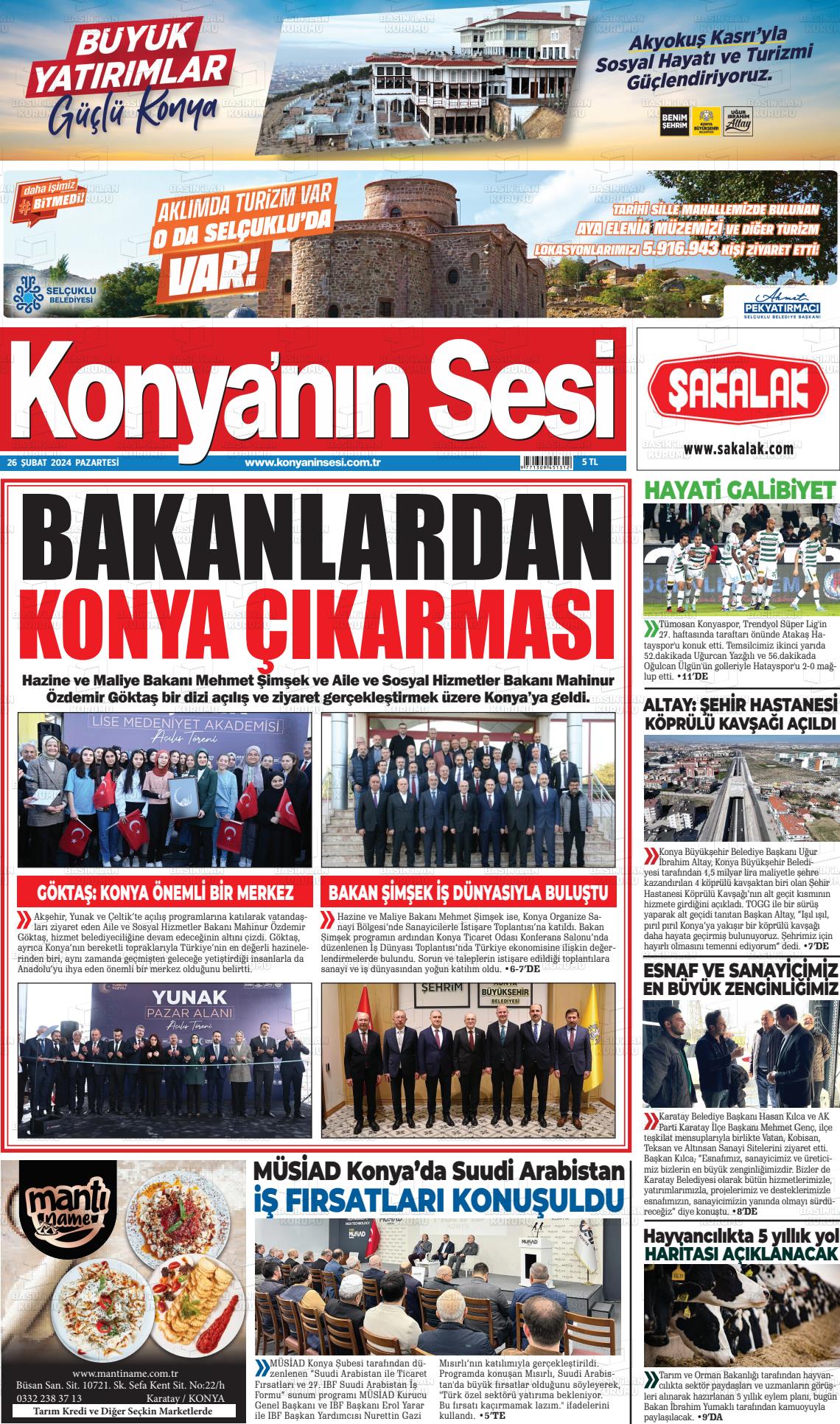 26 Şubat 2024 Konyanin Sesi Gazete Manşeti