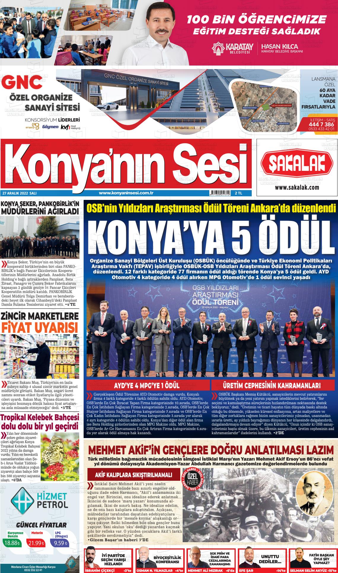 27 Aralık 2022 Konyanin Sesi Gazete Manşeti