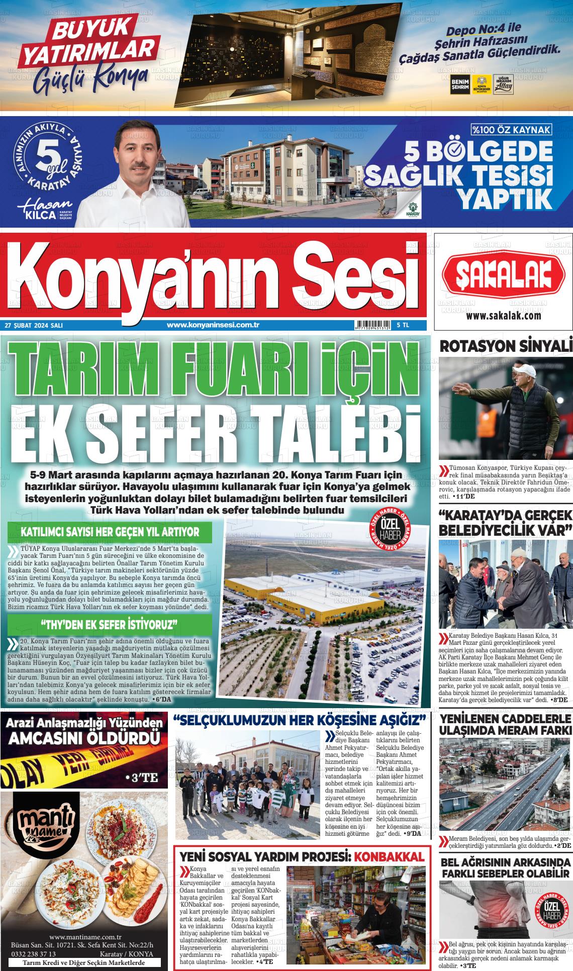 27 Şubat 2024 Konyanin Sesi Gazete Manşeti