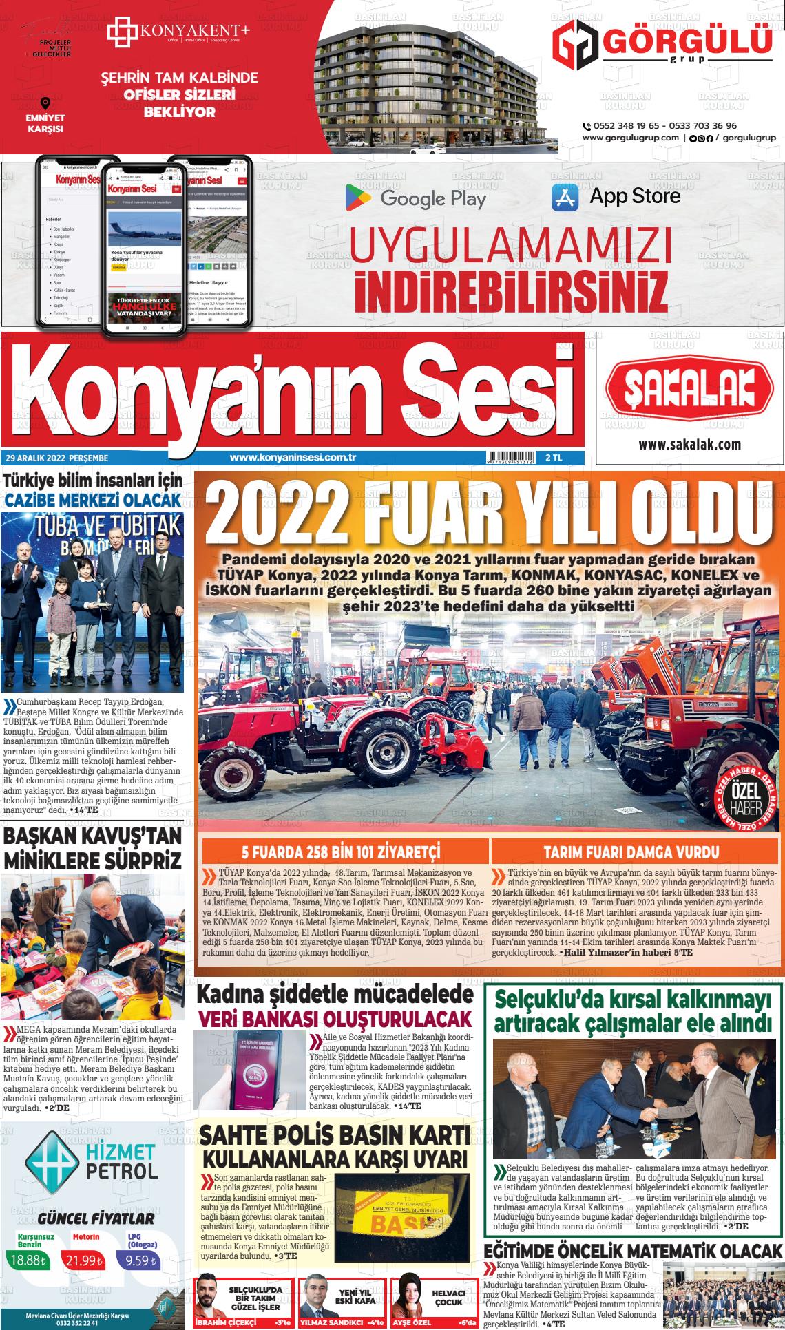 29 Aralık 2022 Konyanin Sesi Gazete Manşeti