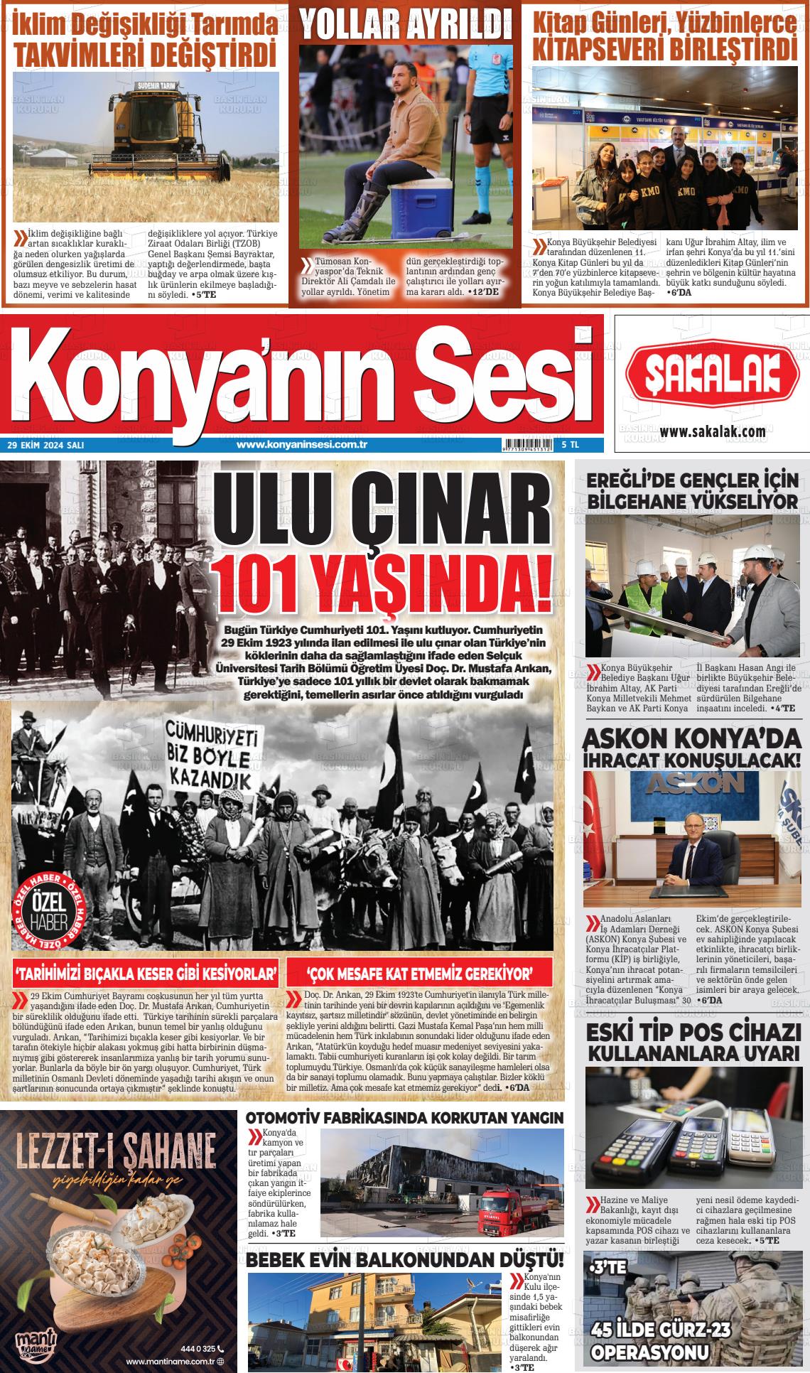 29 Ekim 2024 Konyanin Sesi Gazete Manşeti