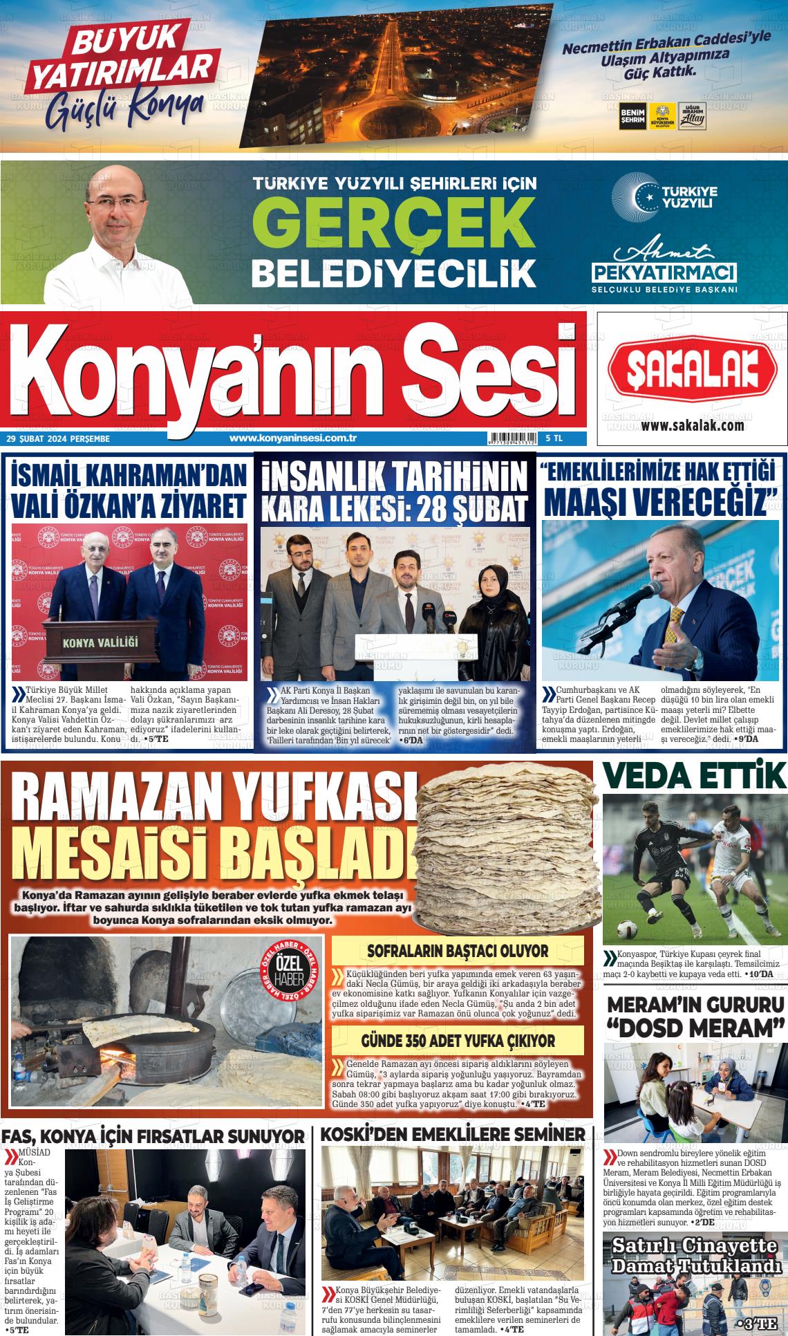 29 Şubat 2024 Konyanin Sesi Gazete Manşeti