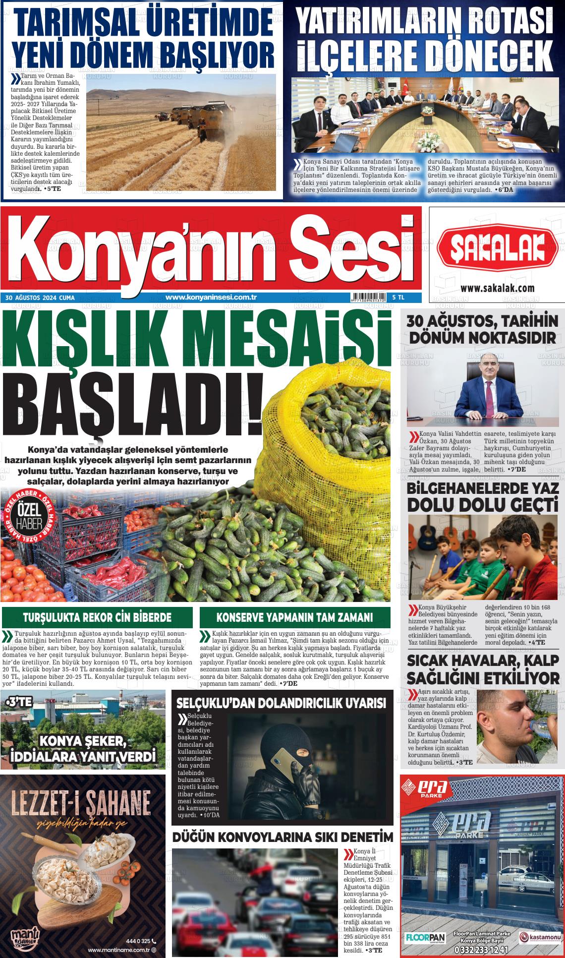 30 Ağustos 2024 Konyanin Sesi Gazete Manşeti