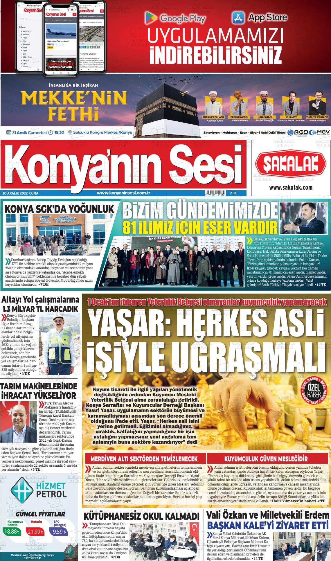 30 Aralık 2022 Konyanin Sesi Gazete Manşeti