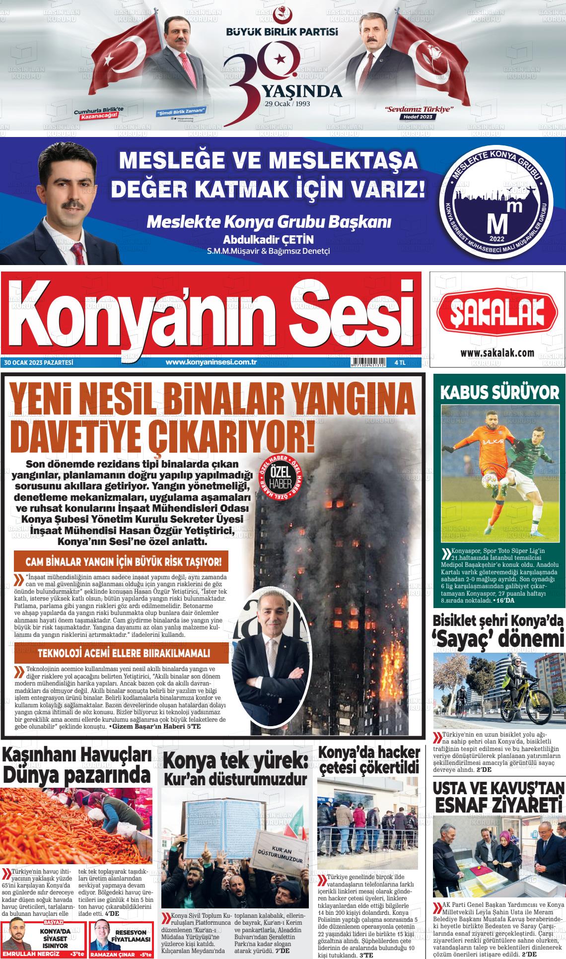 30 Ocak 2023 Konyanin Sesi Gazete Manşeti