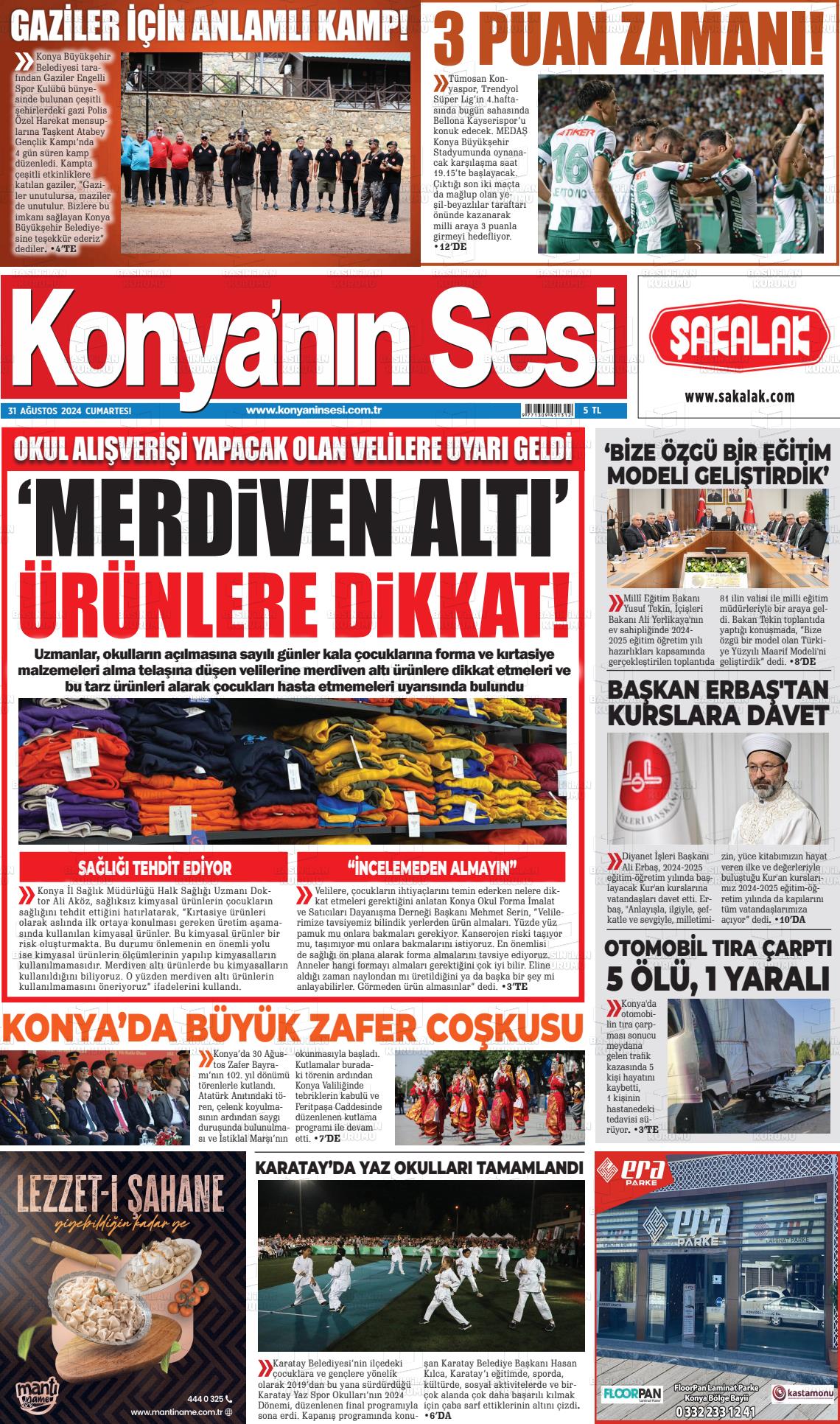 31 Ağustos 2024 Konyanin Sesi Gazete Manşeti