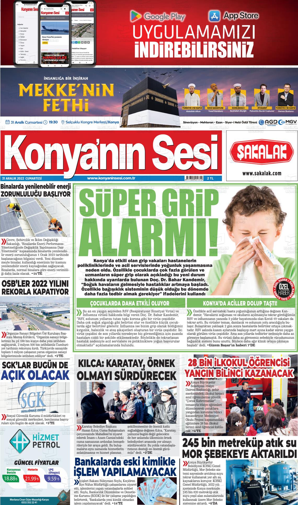 31 Aralık 2022 Konyanin Sesi Gazete Manşeti