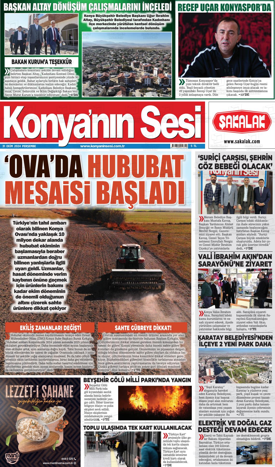 31 Ekim 2024 Konyanin Sesi Gazete Manşeti