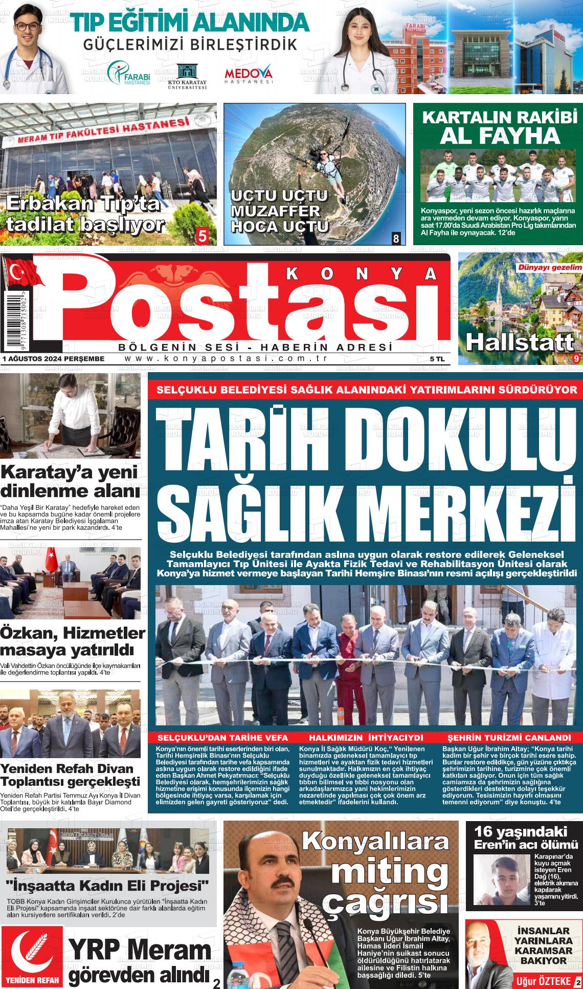 01 Ağustos 2024 Konya Postası Gazete Manşeti