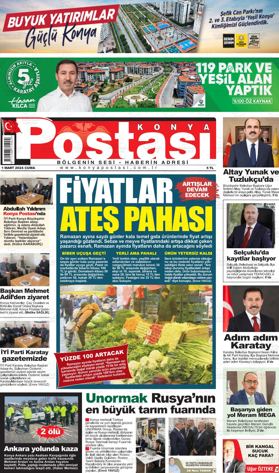 01 Mart 2024 Konya Postası Gazete Manşeti