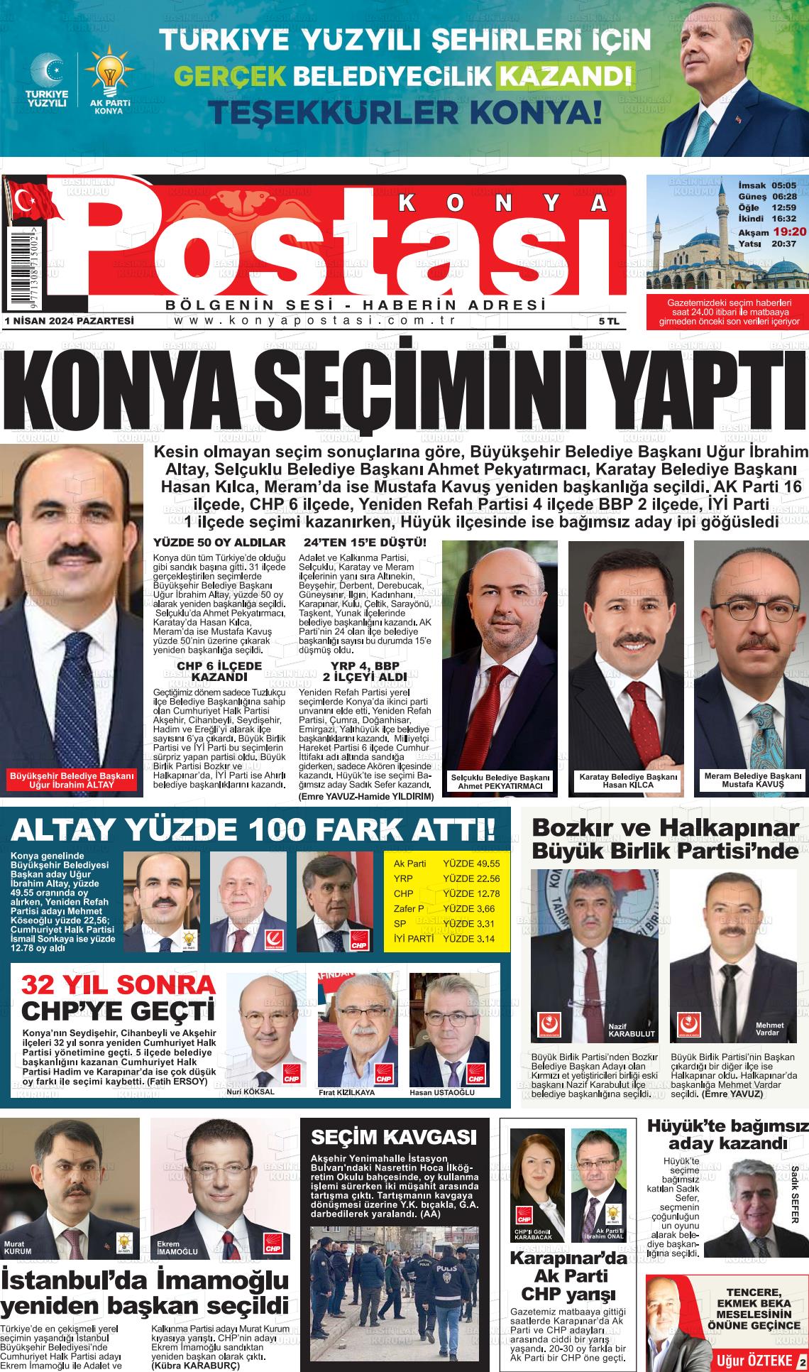 01 Nisan 2024 Konya Postası Gazete Manşeti