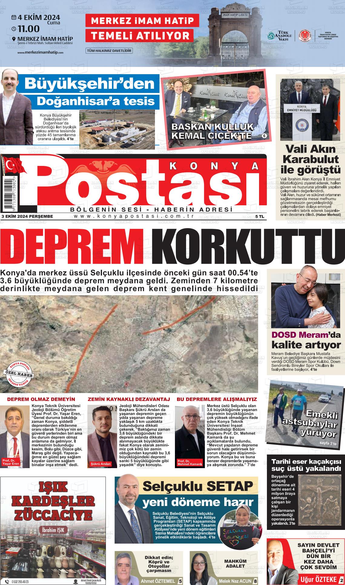 03 Ekim 2024 Konya Postası Gazete Manşeti