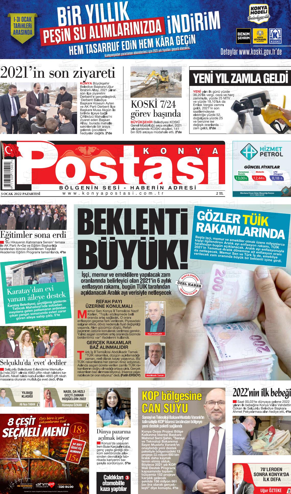 03 Ocak 2022 Konya Postası Gazete Manşeti