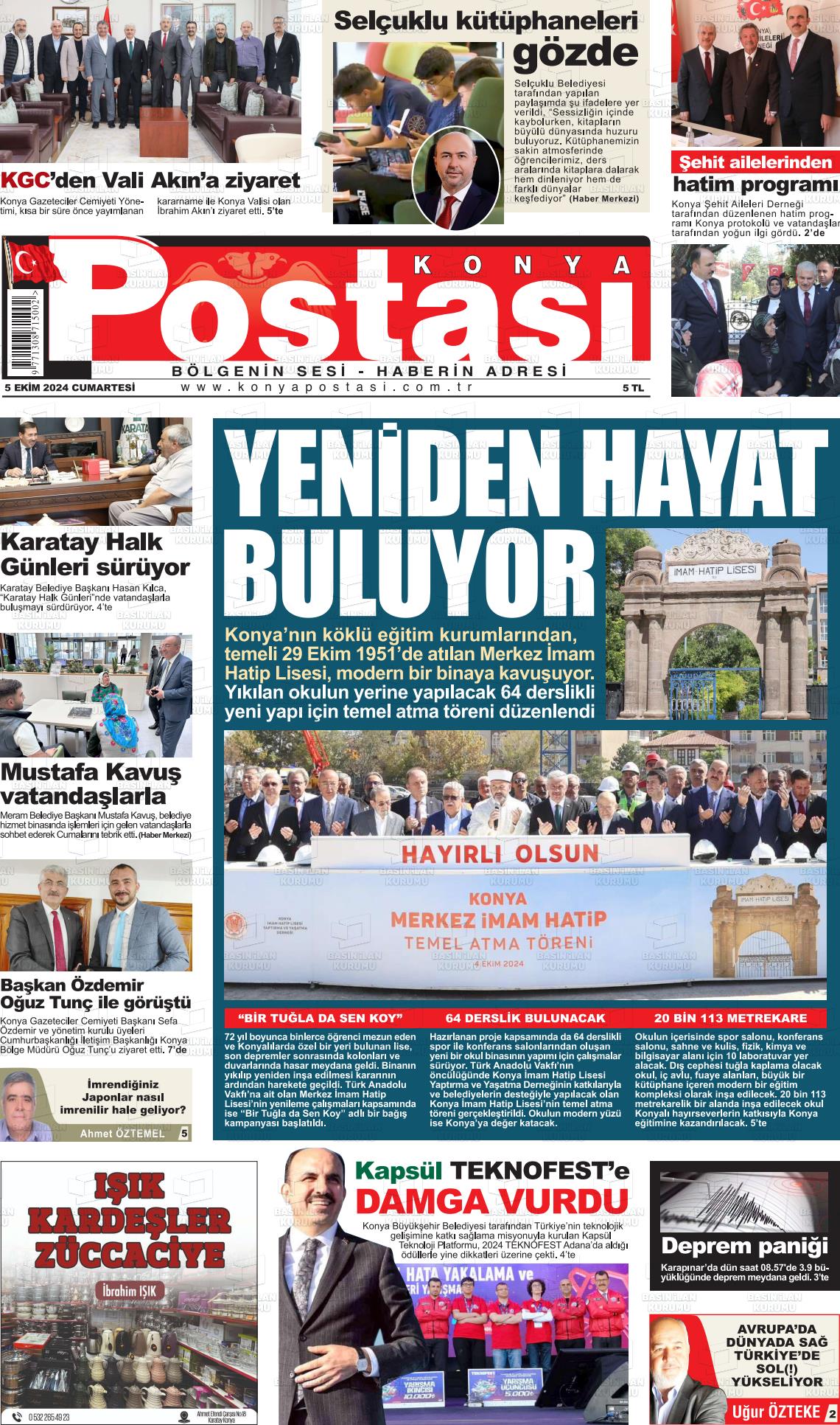 05 Ekim 2024 Konya Postası Gazete Manşeti