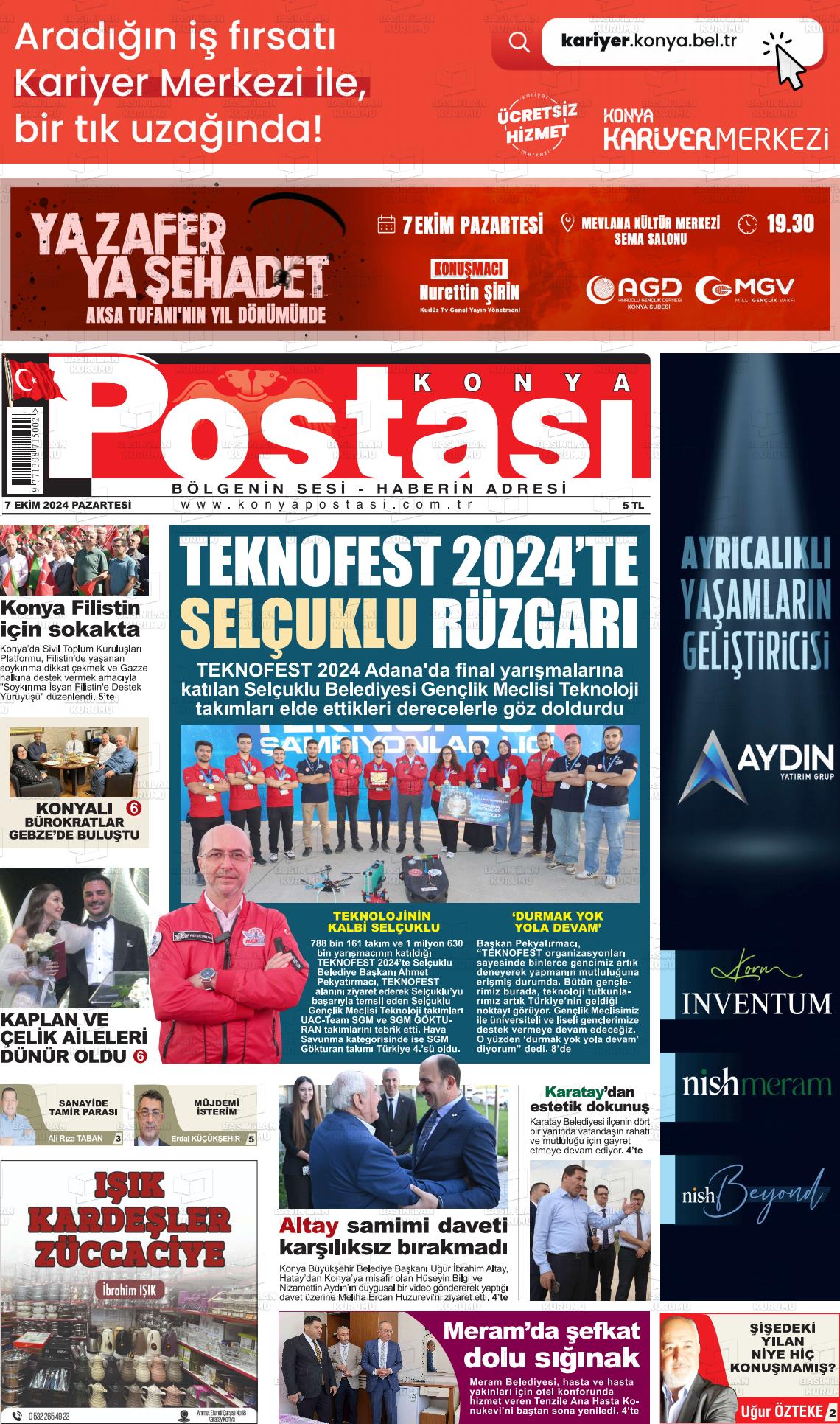 07 Ekim 2024 Konya Postası Gazete Manşeti