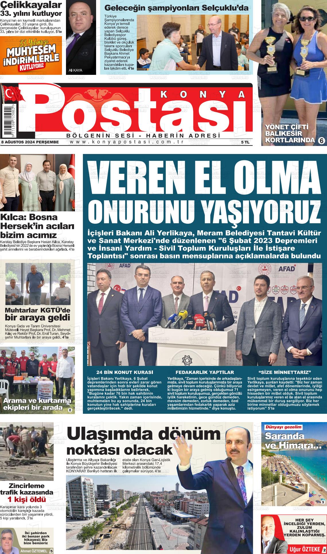 08 Ağustos 2024 Konya Postası Gazete Manşeti